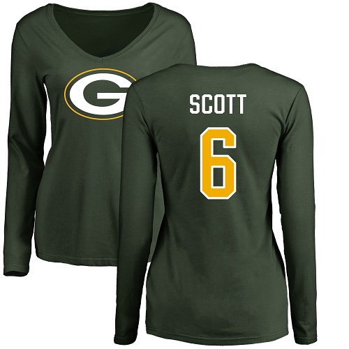 Green Bay Packers Green Women #6 Scott J K Name And Number Logo Nike NFL Long Sleeve T Shirt->nfl t-shirts->Sports Accessory